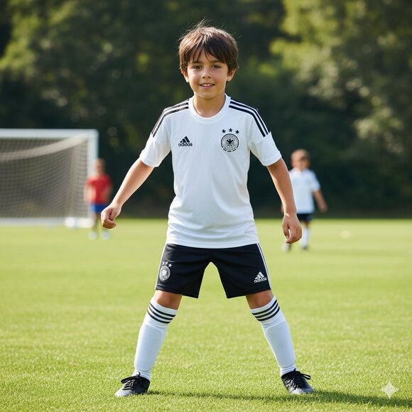 Boys White Adidas Germany Soccer Jersey (Medium) W/3 stripe Adidas shorts (8) - Picture 1 of 5